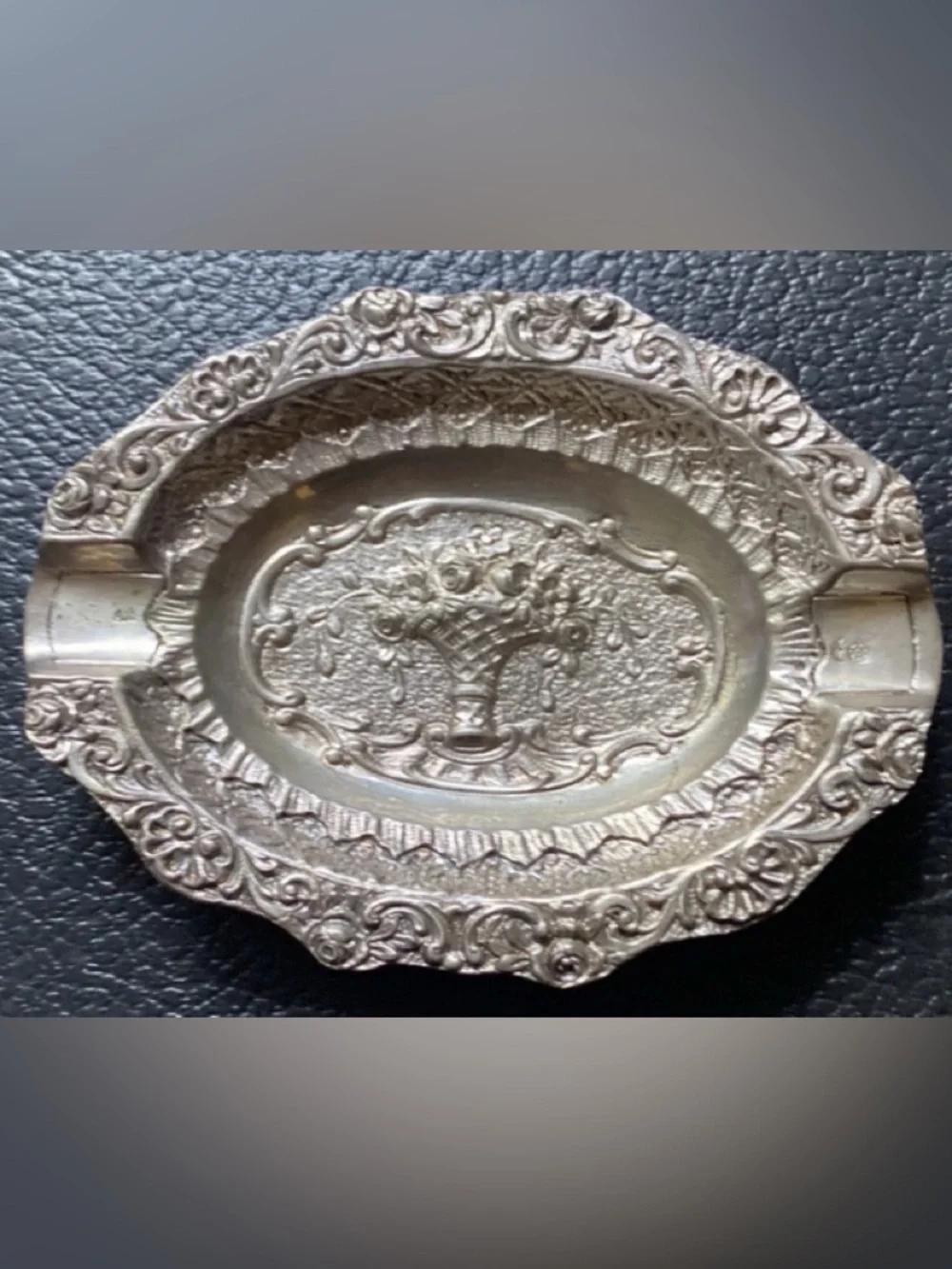 Vintage 800 Silver Ornate Rococo Ashtray  Tray Repousse Italian German Dish